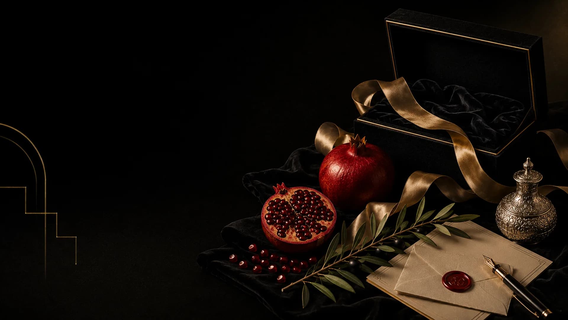 A black velvet gift box with gold ribbon, pomegranates, an olive sprig, and a wax-sealed envelope.